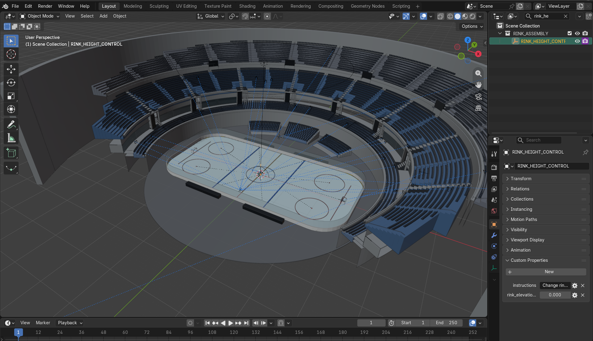 Blender viewport overview of the OVO Hydro seating bowl surrounding the modelled ice rink